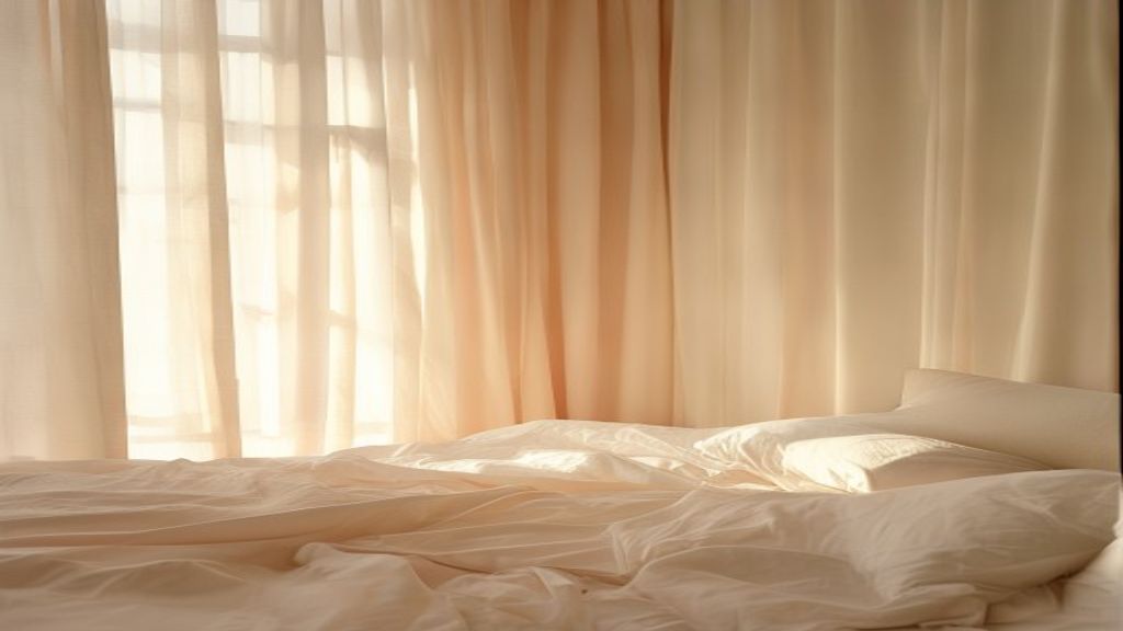 Tidlig morgen lys gennem gardiner i minimalistisk sovevaerelse